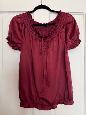 Dark Red Peasant Silky Blouse for the Holidays